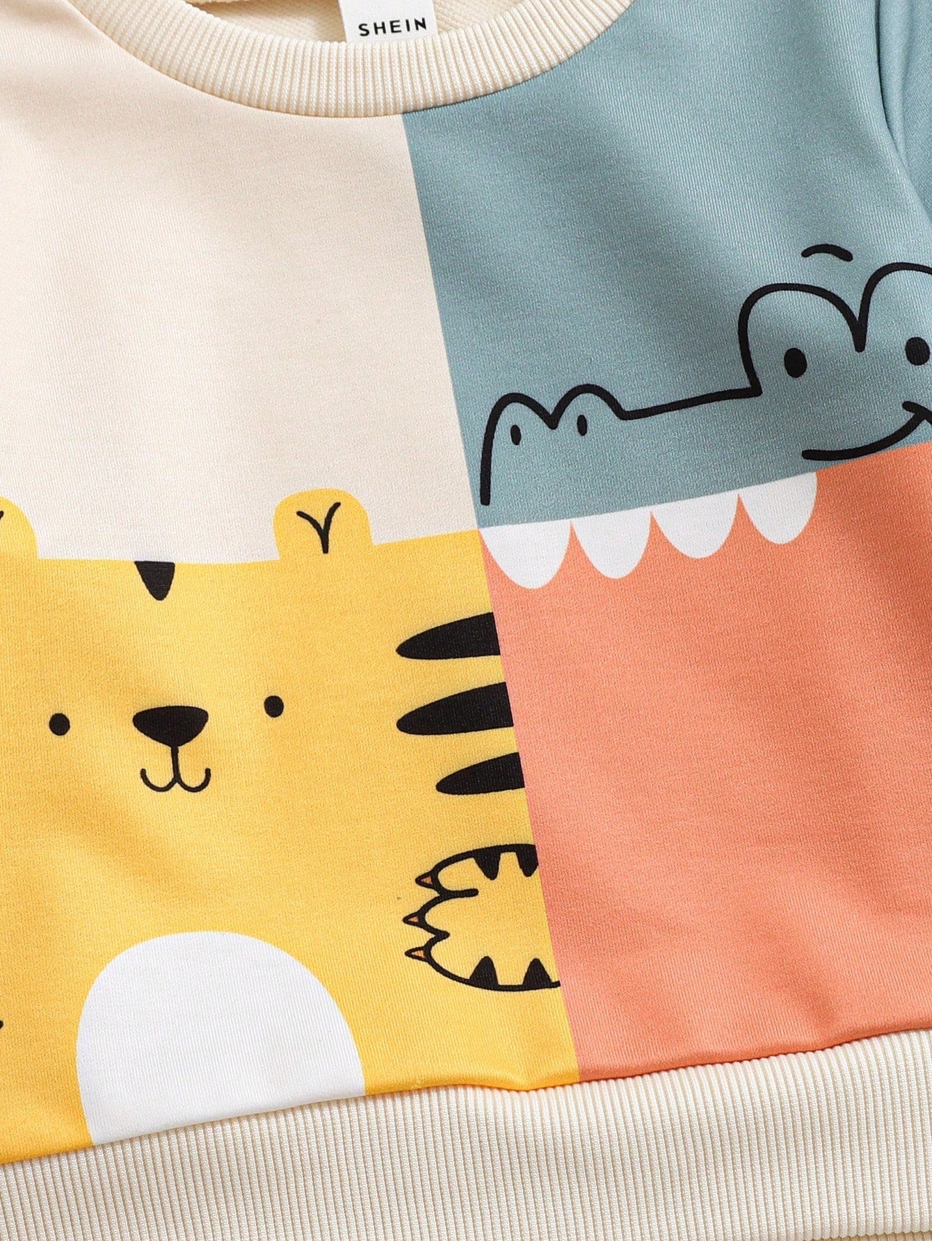 Toddler Boys Cartoon Animal Print Sweatshirt – Colorblock Long Sleeve Pullover | Ages 9M–3Y