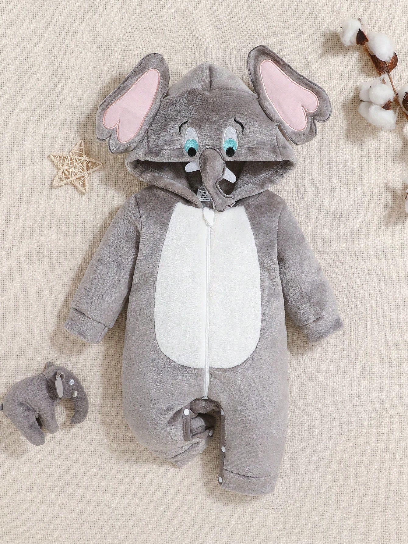 Baby Elephant Halloween Costume Romper – Hooded Flannel Jumpsuit with Big Ears & Zipper | Ages Newborn–9M