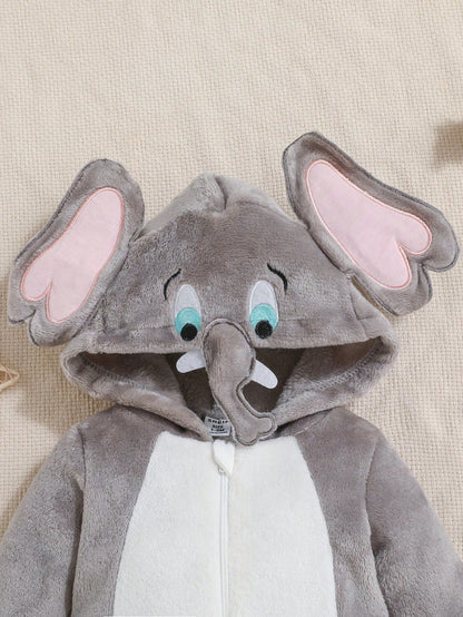 Baby Elephant Halloween Costume Romper – Hooded Flannel Jumpsuit with Big Ears & Zipper | Ages Newborn–9M