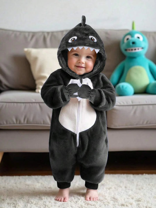 2pcs Baby Boy Gray & White Reversible Fleece Monster Paw Print Hooded Jumpsuit With Mittens, Sleepwear Set Baby Animal Costume Baby Boy Costume Baby Dinosaur Costume