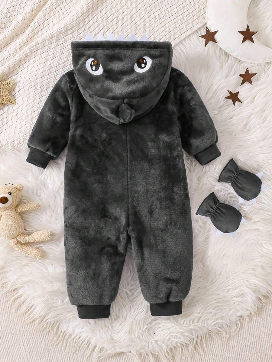 2pcs Baby Boy Gray & White Reversible Fleece Monster Paw Print Hooded Jumpsuit With Mittens, Sleepwear Set Baby Animal Costume Baby Boy Costume Baby Dinosaur Costume