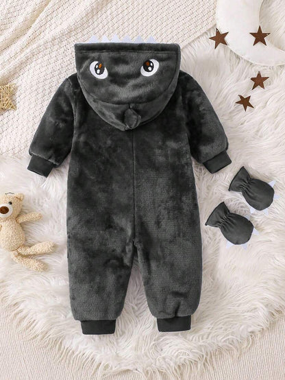 2pcs Baby Boy Gray & White Reversible Fleece Monster Paw Print Hooded Jumpsuit With Mittens, Sleepwear Set Baby Animal Costume Baby Boy Costume Baby Dinosaur Costume