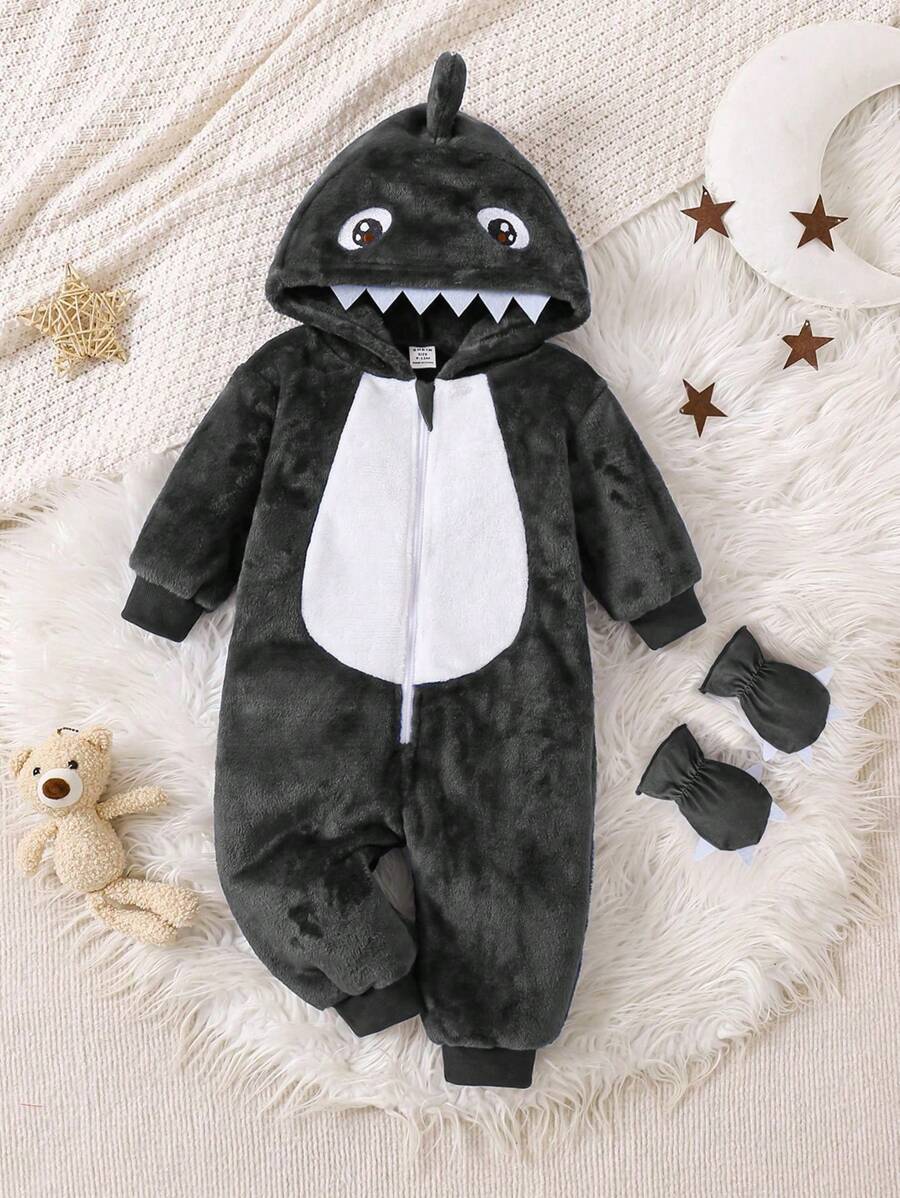 2pcs Baby Boy Gray & White Reversible Fleece Monster Paw Print Hooded Jumpsuit With Mittens, Sleepwear Set Baby Animal Costume Baby Boy Costume Baby Dinosaur Costume