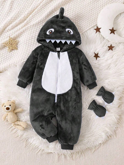 2pcs Baby Boy Gray & White Reversible Fleece Monster Paw Print Hooded Jumpsuit With Mittens, Sleepwear Set Baby Animal Costume Baby Boy Costume Baby Dinosaur Costume