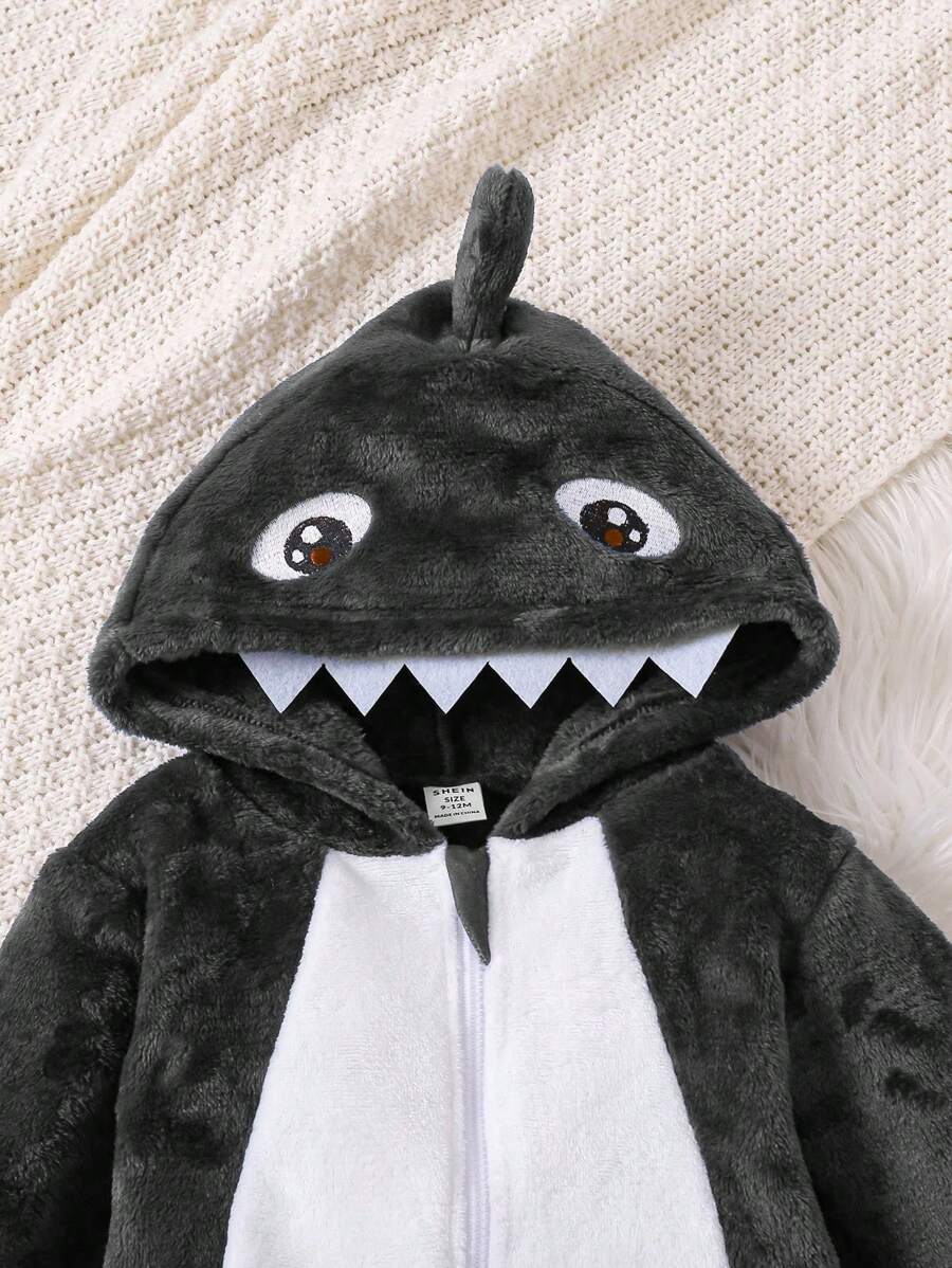 2pcs Baby Boy Gray & White Reversible Fleece Monster Paw Print Hooded Jumpsuit With Mittens, Sleepwear Set Baby Animal Costume Baby Boy Costume Baby Dinosaur Costume