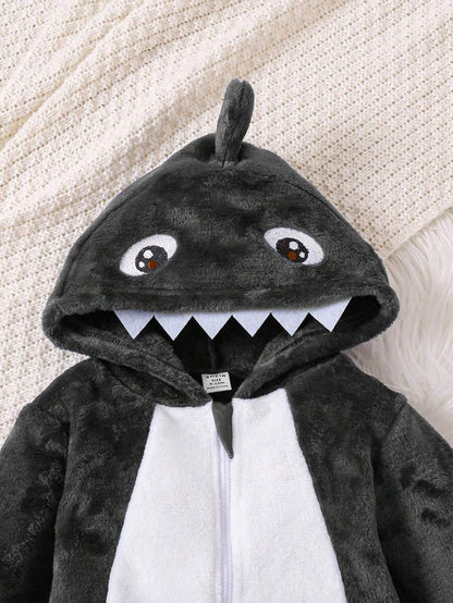2pcs Baby Boy Gray & White Reversible Fleece Monster Paw Print Hooded Jumpsuit With Mittens, Sleepwear Set Baby Animal Costume Baby Boy Costume Baby Dinosaur Costume