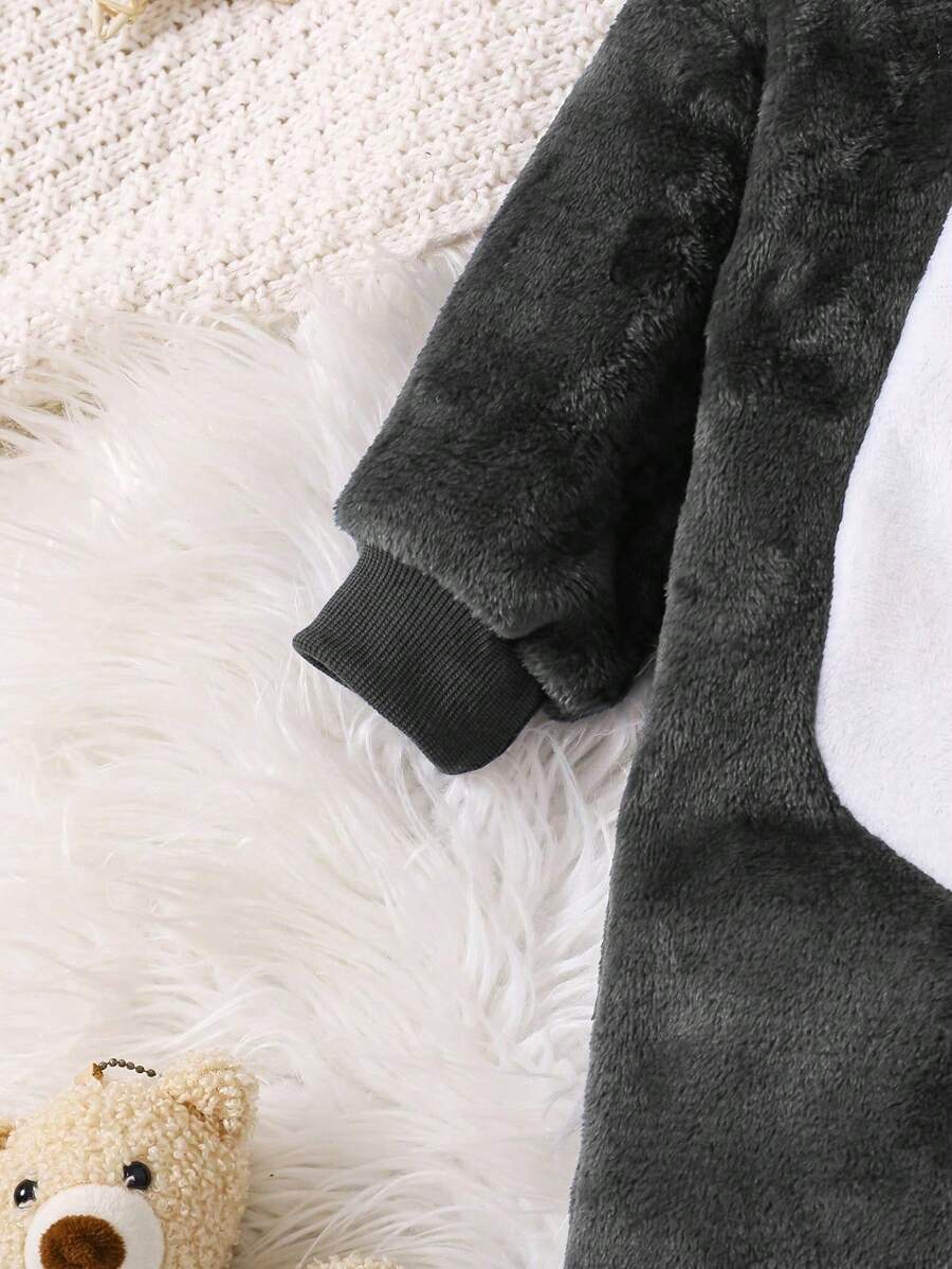 2pcs Baby Boy Gray & White Reversible Fleece Monster Paw Print Hooded Jumpsuit With Mittens, Sleepwear Set Baby Animal Costume Baby Boy Costume Baby Dinosaur Costume