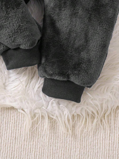 2pcs Baby Boy Gray & White Reversible Fleece Monster Paw Print Hooded Jumpsuit With Mittens, Sleepwear Set Baby Animal Costume Baby Boy Costume Baby Dinosaur Costume