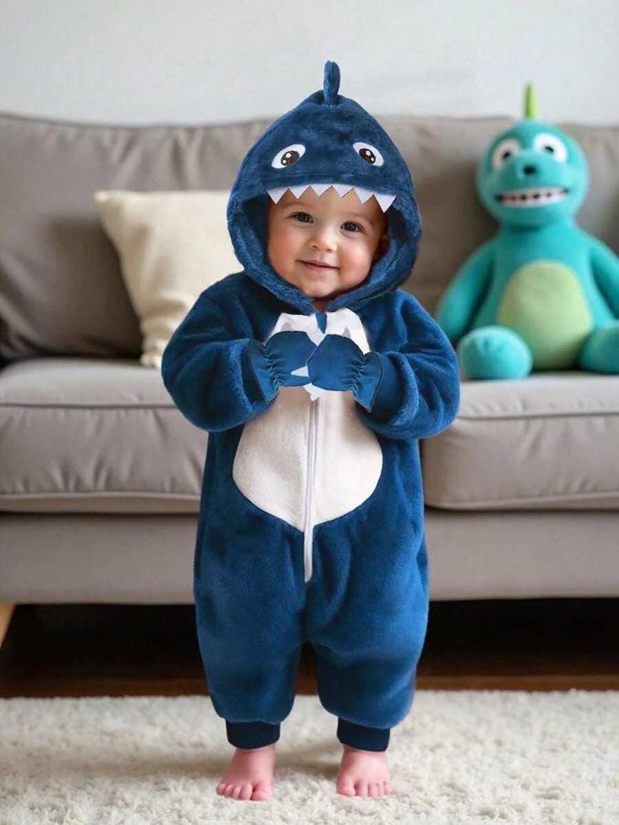 2pcs Baby Boy Gray & White Reversible Fleece Monster Paw Print Hooded Jumpsuit With Mittens, Sleepwear Set Baby Animal Costume Baby Boy Costume Baby Dinosaur Costume