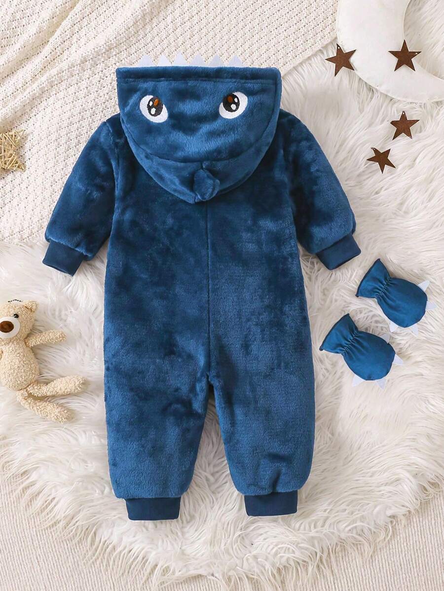 2pcs Baby Boy Gray & White Reversible Fleece Monster Paw Print Hooded Jumpsuit With Mittens, Sleepwear Set Baby Animal Costume Baby Boy Costume Baby Dinosaur Costume