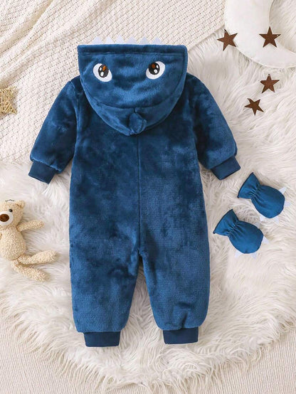 2pcs Baby Boy Gray & White Reversible Fleece Monster Paw Print Hooded Jumpsuit With Mittens, Sleepwear Set Baby Animal Costume Baby Boy Costume Baby Dinosaur Costume