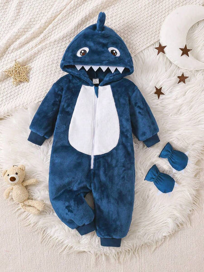 2pcs Baby Boy Gray & White Reversible Fleece Monster Paw Print Hooded Jumpsuit With Mittens, Sleepwear Set Baby Animal Costume Baby Boy Costume Baby Dinosaur Costume