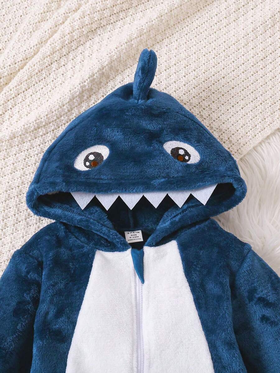 2pcs Baby Boy Gray & White Reversible Fleece Monster Paw Print Hooded Jumpsuit With Mittens, Sleepwear Set Baby Animal Costume Baby Boy Costume Baby Dinosaur Costume