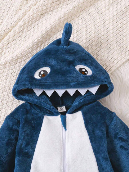 2pcs Baby Boy Gray & White Reversible Fleece Monster Paw Print Hooded Jumpsuit With Mittens, Sleepwear Set Baby Animal Costume Baby Boy Costume Baby Dinosaur Costume