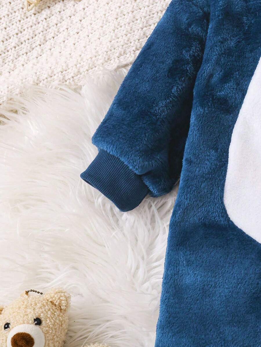 2pcs Baby Boy Gray & White Reversible Fleece Monster Paw Print Hooded Jumpsuit With Mittens, Sleepwear Set Baby Animal Costume Baby Boy Costume Baby Dinosaur Costume