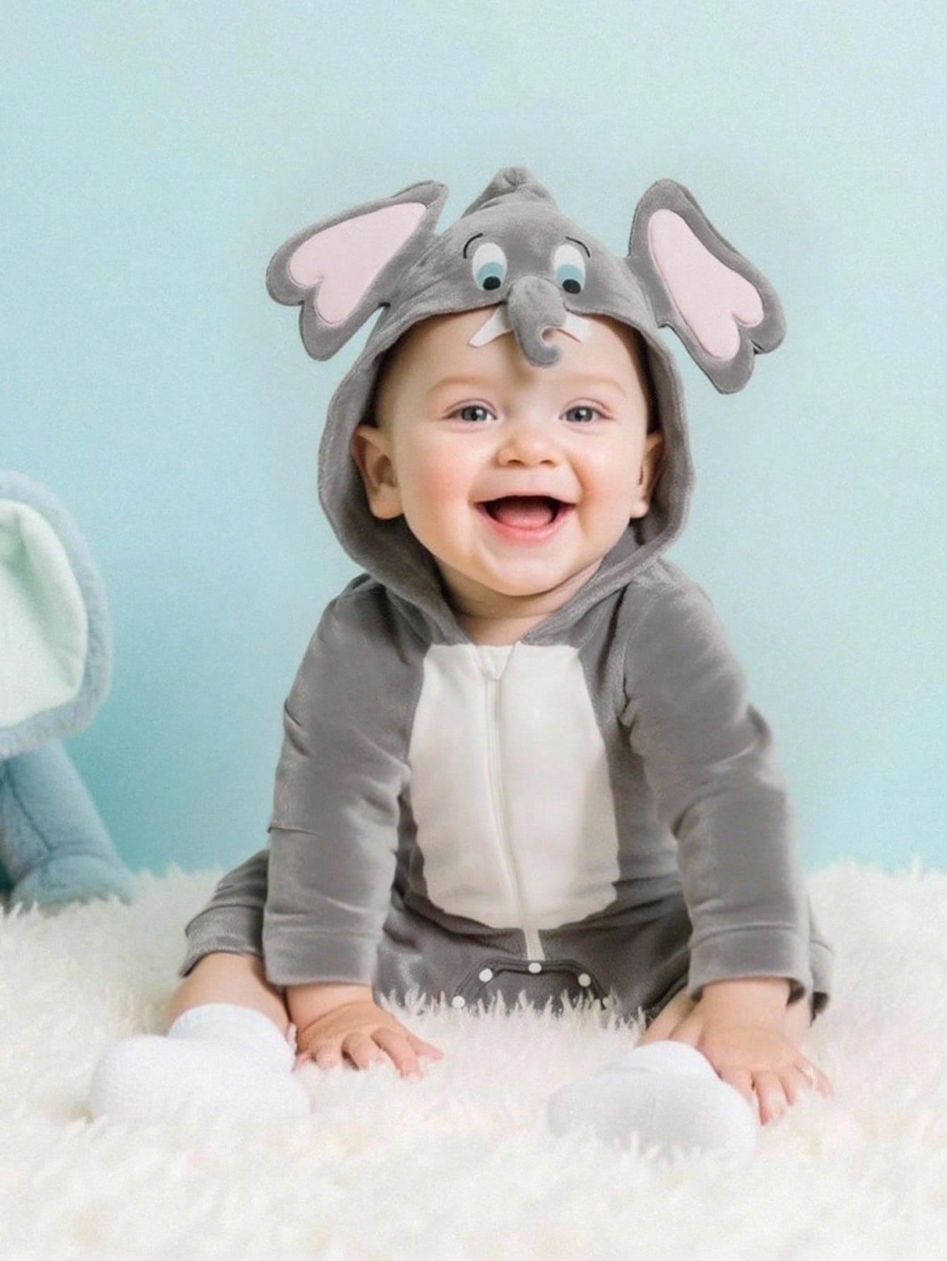 Baby Elephant Halloween Costume Romper – Hooded Flannel Jumpsuit with Big Ears & Zipper | Ages Newborn–9M Grey
