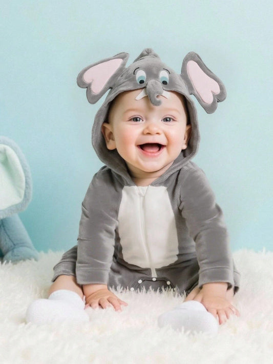 Baby Elephant Halloween Costume Romper – Hooded Flannel Jumpsuit with Big Ears & Zipper | Ages Newborn–9M Grey