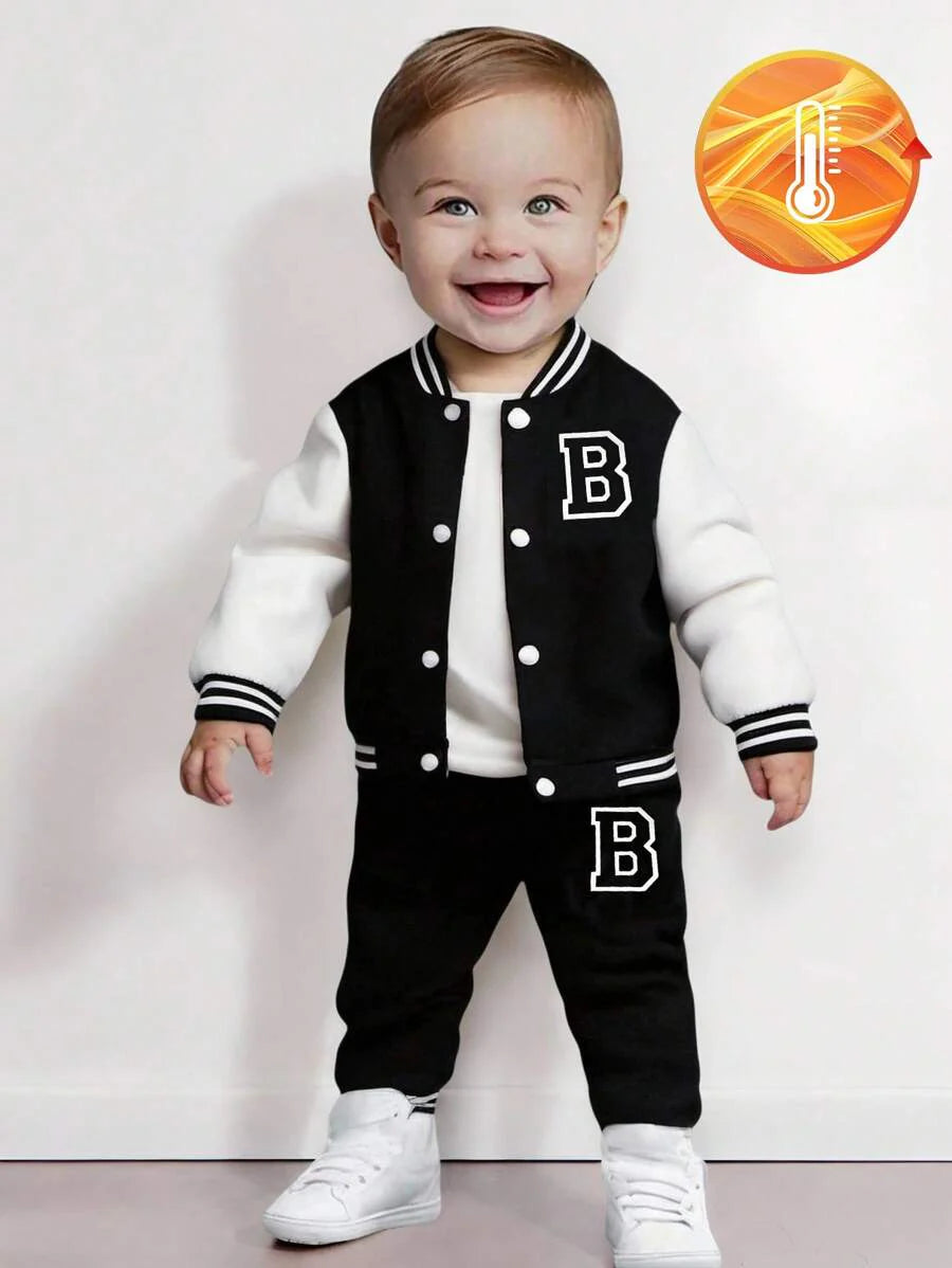 Baby/Toddler Boy Letter Print Baseball Jacket & Pants Set – Fleece-Lined 2PC Outfit | Autumn/Winter | Ages 6M–3Y