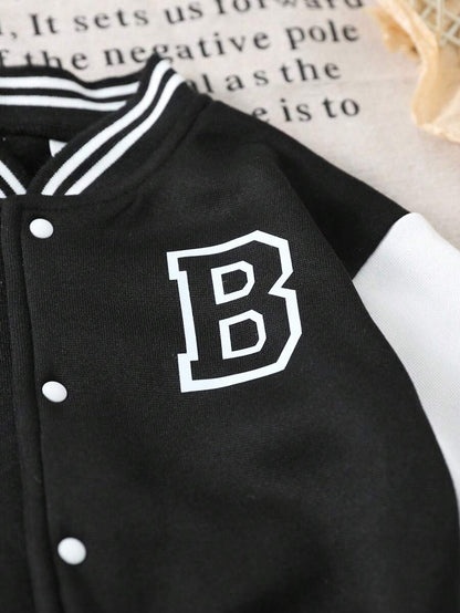 Baby/Toddler Boy Letter Print Baseball Jacket & Pants Set – Fleece-Lined 2PC Outfit | Autumn/Winter | Ages 6M–3Y