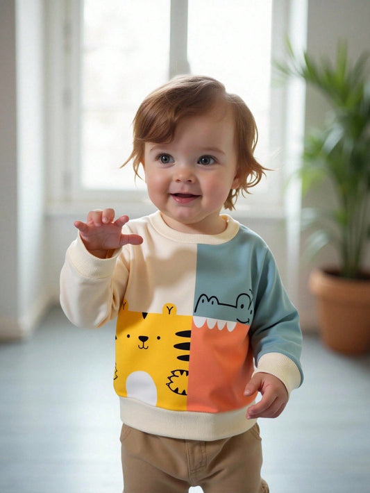 Toddler Boys Cartoon Animal Print Sweatshirt – Colorblock Long Sleeve Pullover | Ages 9M–3Y Multicolor