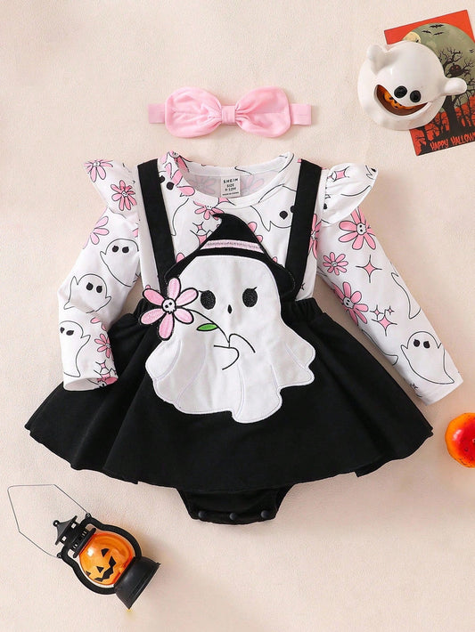 Toddler Girls Halloween Ghost Outfit – 3PC Romper, Dress & Headband Set | Ages 6M–3Y Black