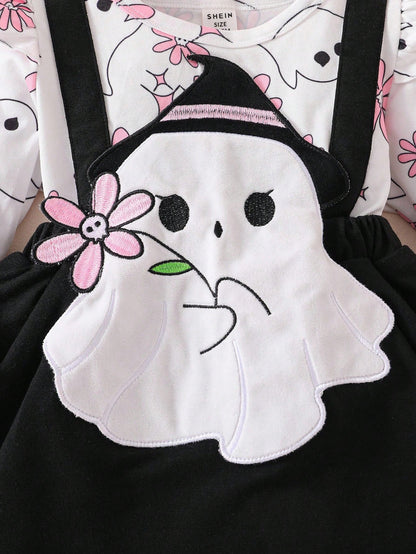 Toddler Girls Halloween Ghost Outfit – 3PC Romper, Dress & Headband Set | Ages 6M–3Y