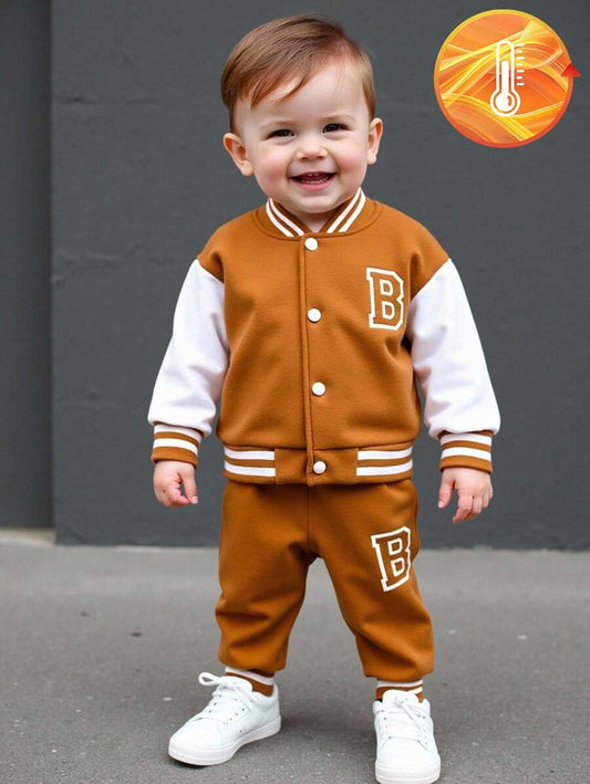 Baby/Toddler Boy Letter Print Baseball Jacket & Pants Set – Fleece-Lined 2PC Outfit | Autumn/Winter | Ages 6M–3Y
