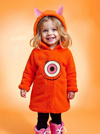 Baby/Toddler Girls Green Embroidered Fleece Hooded Jumpsuit – Cozy Autumn/Winter One-Piece | Ages 3M–3Y Orange