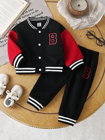 Baby/Toddler Boy Letter Print Baseball Jacket & Pants Set – Fleece-Lined 2PC Outfit | Autumn/Winter | Ages 6M–3Y