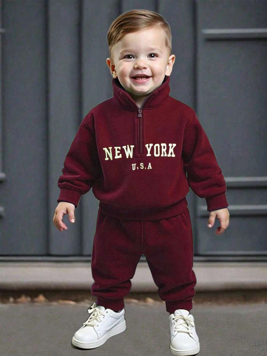 Baby/Toddler Boy Casual Set – Letter Embroidery Half-Zip Top & Solid Trousers | Age 6M-3 YRS)