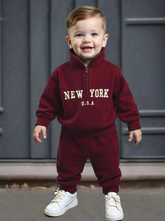 Baby/Toddler Boy Casual Set – Letter Embroidery Half-Zip Top & Solid Trousers | Age 6M-3 YRS)