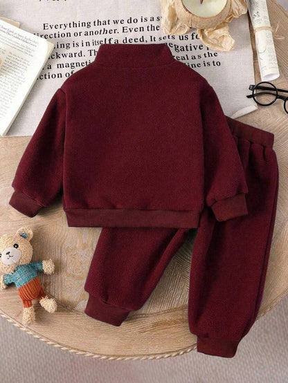 Baby/Toddler Boy Casual Set – Letter Embroidery Half-Zip Top & Solid Trousers | Age 6M-3 YRS)