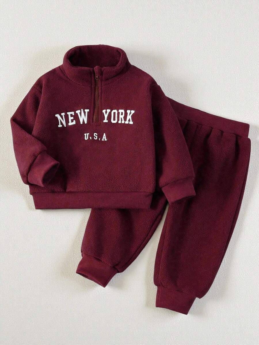 Baby/Toddler Boy Casual Set – Letter Embroidery Half-Zip Top & Solid Trousers | Age 6M-3 YRS)