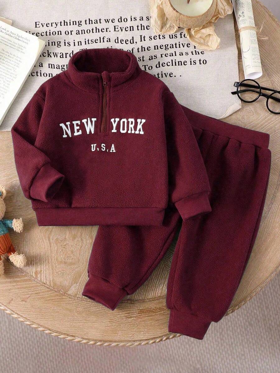 Baby/Toddler Boy Casual Set – Letter Embroidery Half-Zip Top & Solid Trousers | Age 6M-3 YRS)