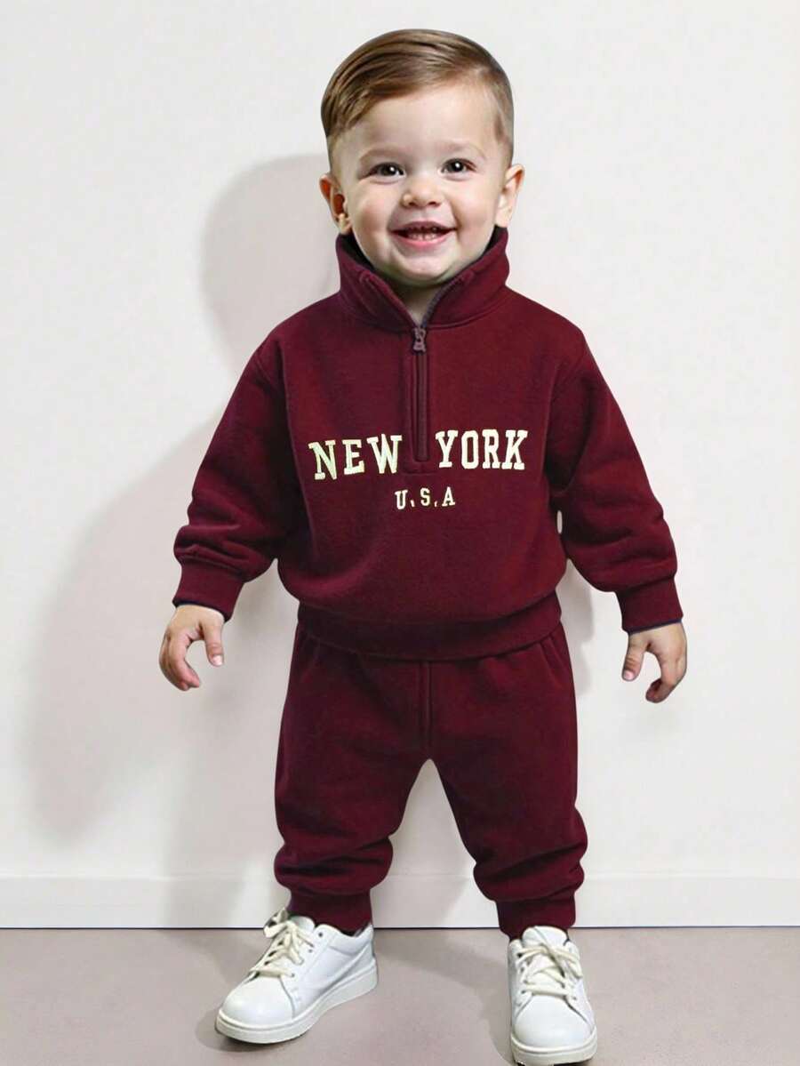 Baby/Toddler Boy Casual Set – Letter Embroidery Half-Zip Top & Solid Trousers | Age 6M-3 YRS) Burgundy