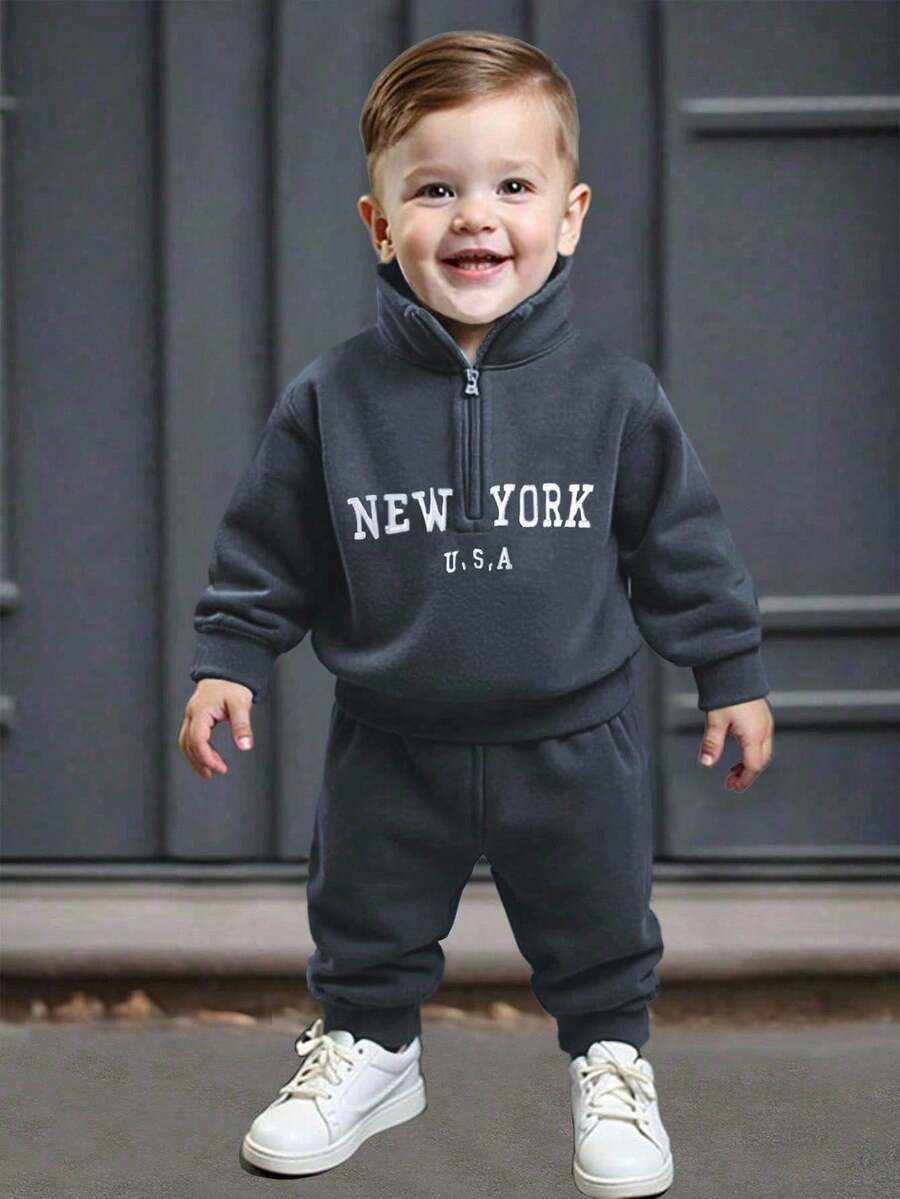 Baby/Toddler Boy Casual Set – Letter Embroidery Half-Zip Top & Solid Trousers | Age 6M-3 YRS) Grey
