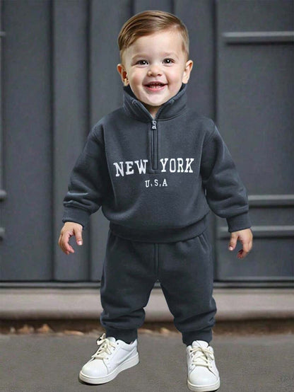 Baby/Toddler Boy Casual Set – Letter Embroidery Half-Zip Top & Solid Trousers | Age 6M-3 YRS) Grey