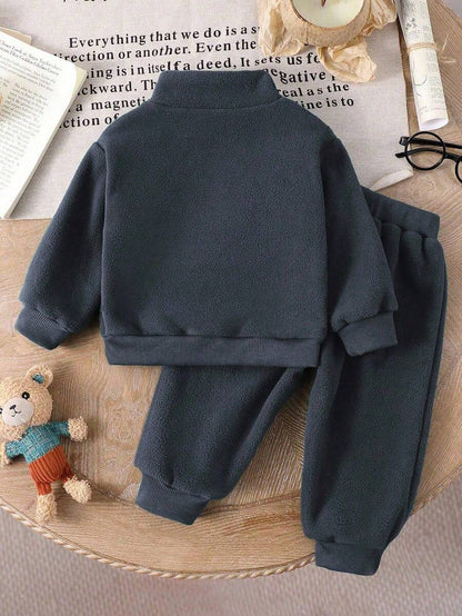 Baby/Toddler Boy Casual Set – Letter Embroidery Half-Zip Top & Solid Trousers | Age 6M-3 YRS)
