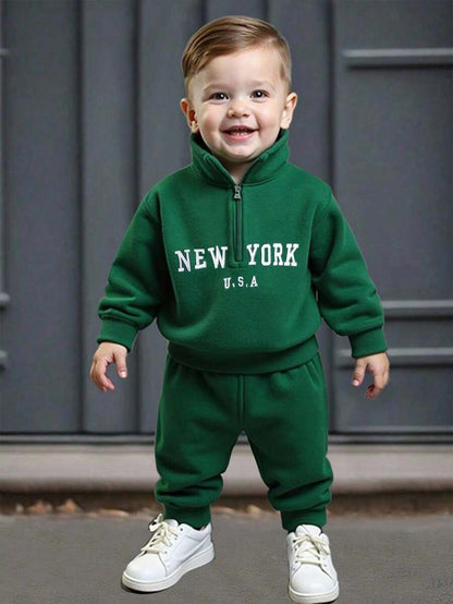 Baby/Toddler Boy Casual Set – Letter Embroidery Half-Zip Top & Solid Trousers | Age 6M-3 YRS) Green