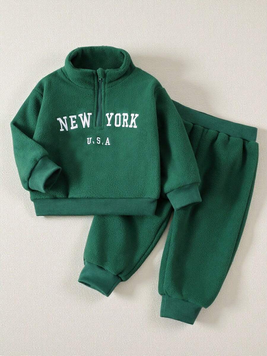 Baby/Toddler Boy Casual Set – Letter Embroidery Half-Zip Top & Solid Trousers | Age 6M-3 YRS)