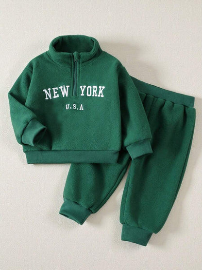 Baby/Toddler Boy Casual Set – Letter Embroidery Half-Zip Top & Solid Trousers | Age 6M-3 YRS)