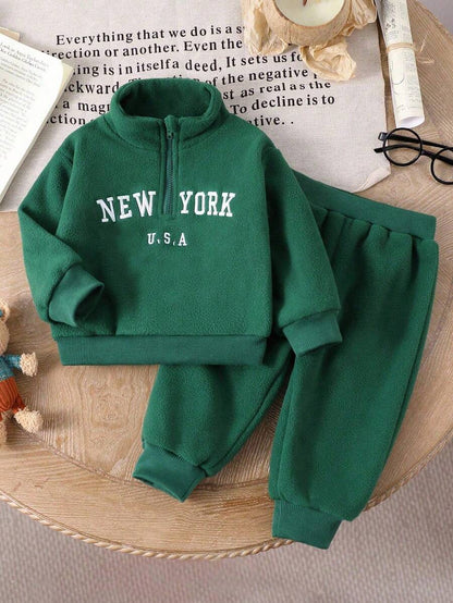 Baby/Toddler Boy Casual Set – Letter Embroidery Half-Zip Top & Solid Trousers | Age 6M-3 YRS)