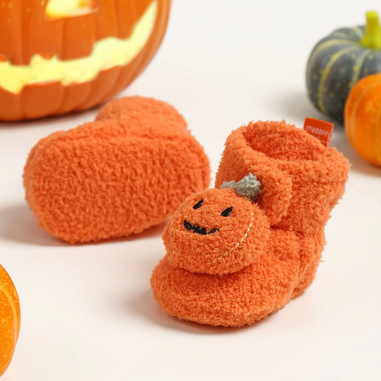Baby Fleece Pumpkin Fluffy Halloween Booties (Age Newborn - 18M)