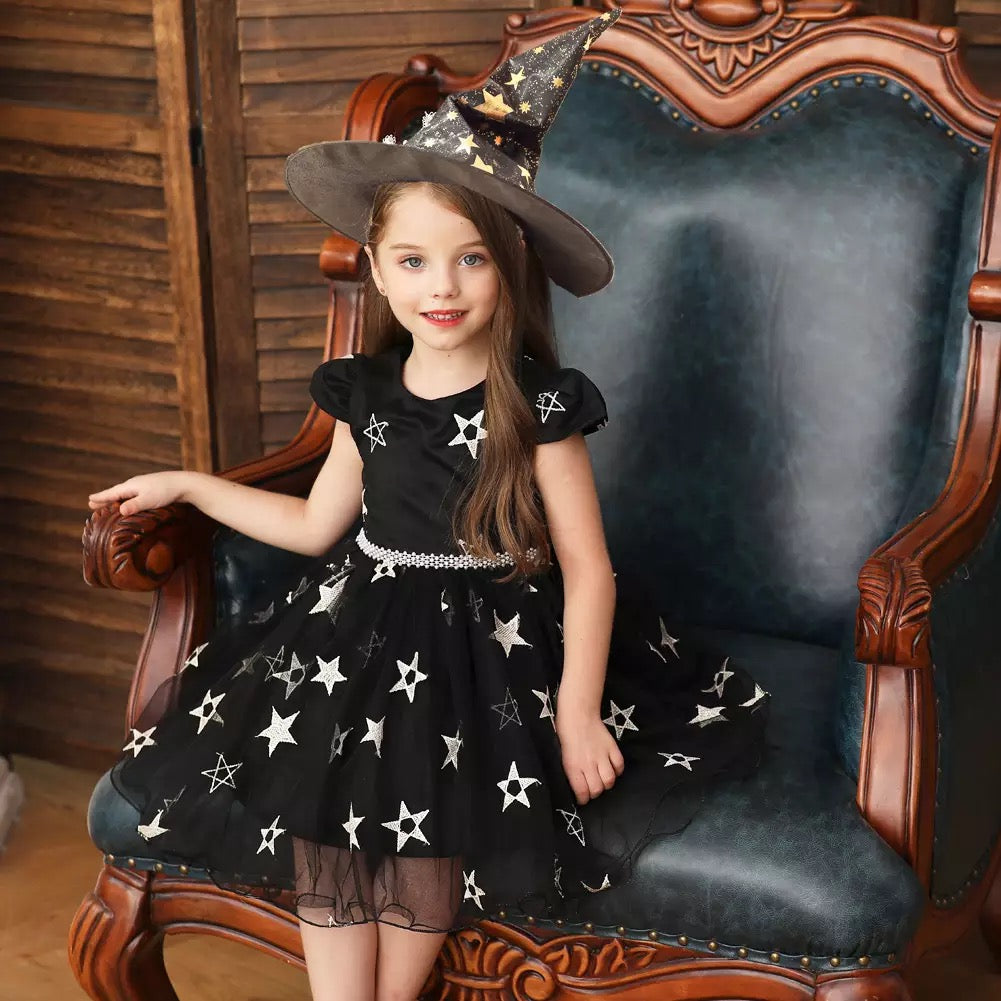 Girls Witch Halloween Costume Tulle Dress & Hat (Age Newborn-8YRS)
