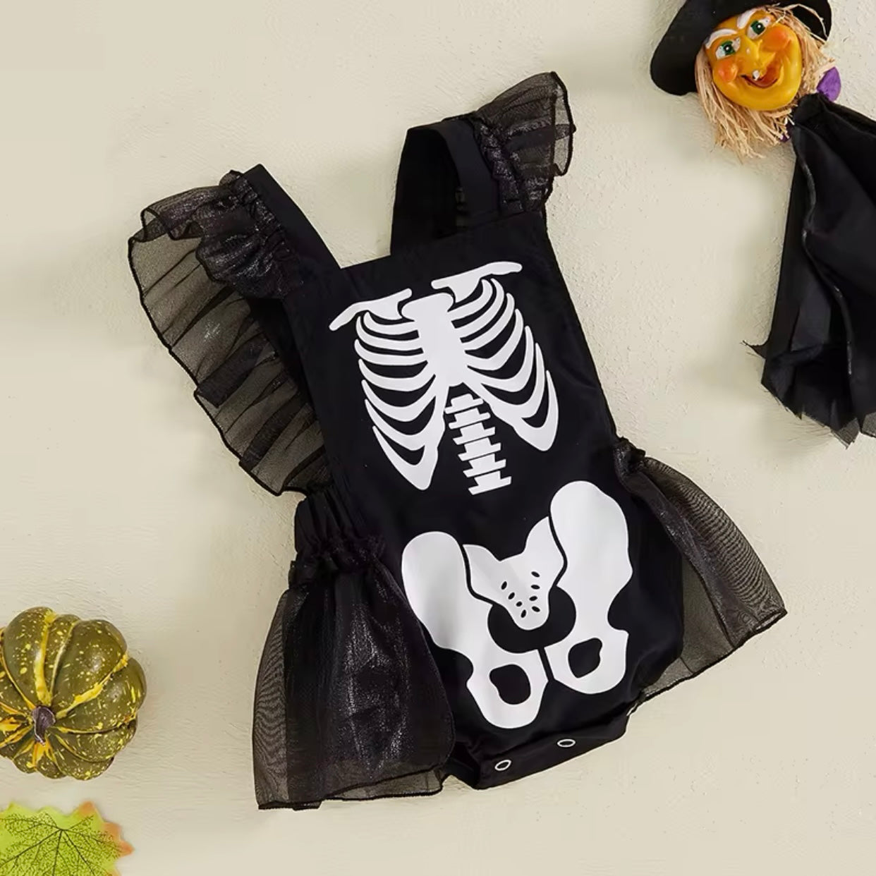 Baby Girl Skeleton Print Halloween Romper (Age 3M-18M