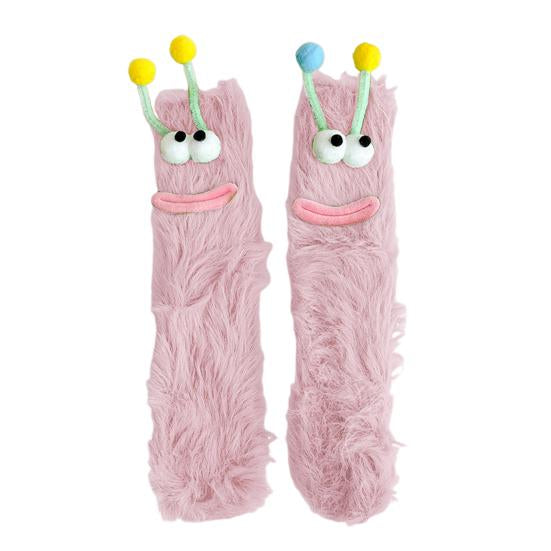 Funny Big-Eye Animal Cartoon Socks â€“ Thick Fuzzy Plush Pink
