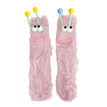 Funny Big-Eye Animal Cartoon Socks â€“ Thick Fuzzy Plush Pink
