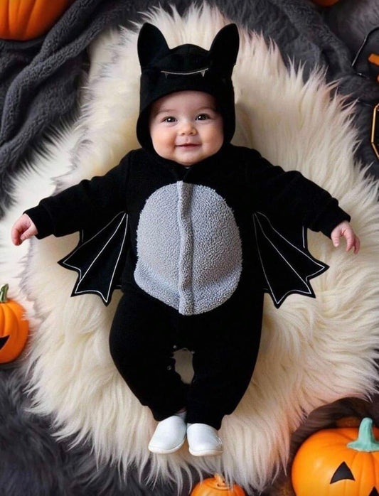 Bat Embroidery Halloween Baby Romper Set â€“ Thickened Long Sleeve Bodysuit with 3D Ear Hat | Age 6M - 3 YRS Black