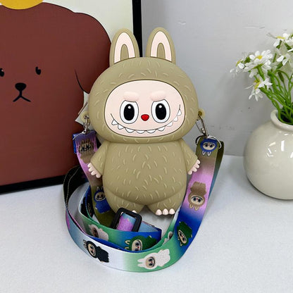 Labubu Macaron Mini Messenger Bag â€“ Soft Silicone Coin Purse Brown
