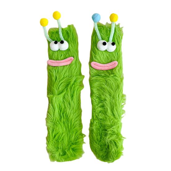 Funny Big-Eye Animal Cartoon Socks â€“ Thick Fuzzy Plush Green